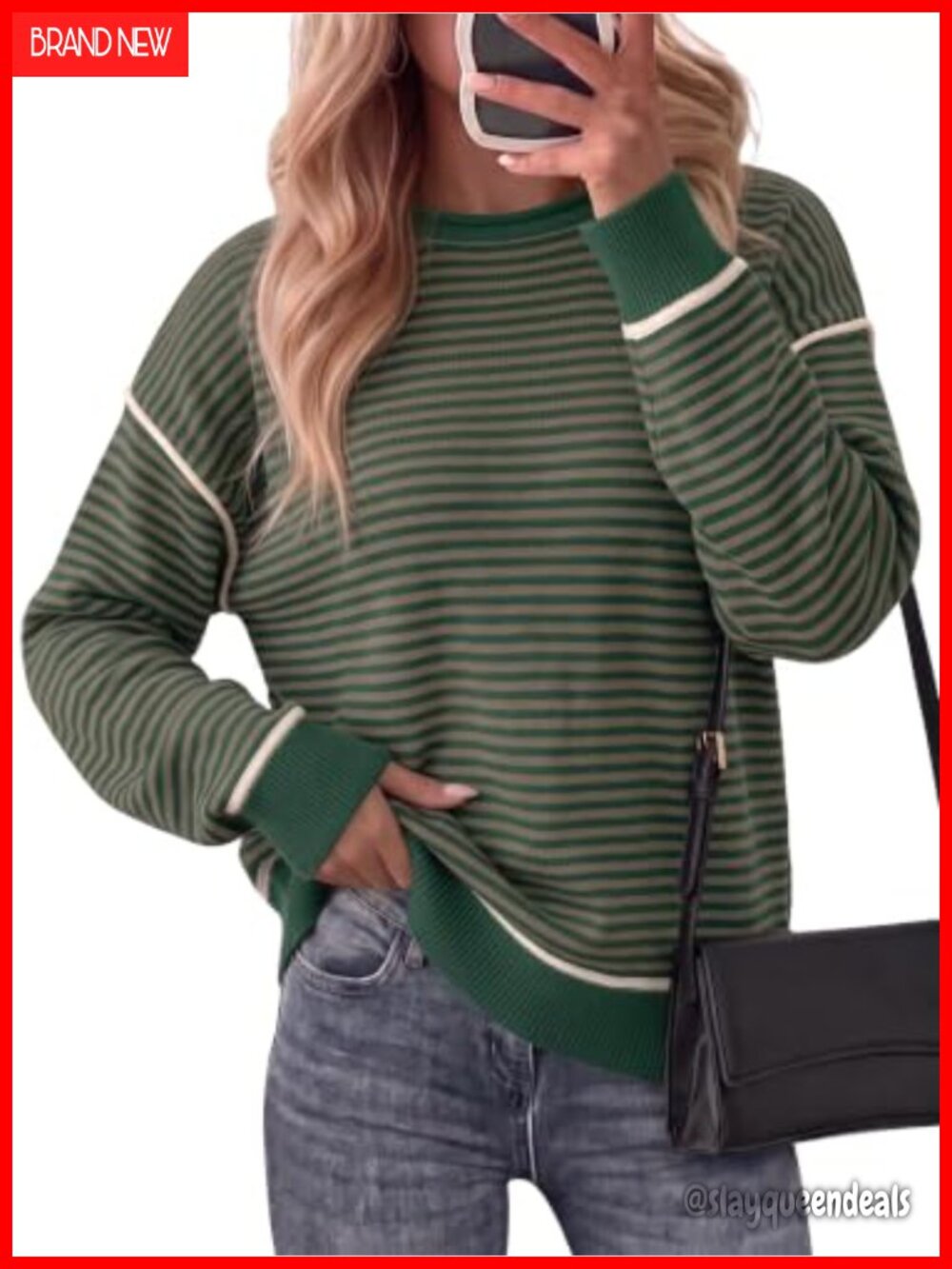 Oversized Striped Knit Pullover Sweater Crew Neck Cotton